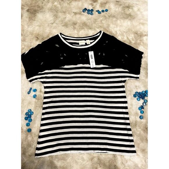 NWT Chico's T-shirt top Epic Stripe black/white solid cotton, Size 0, round neck - Picture 9 of 13